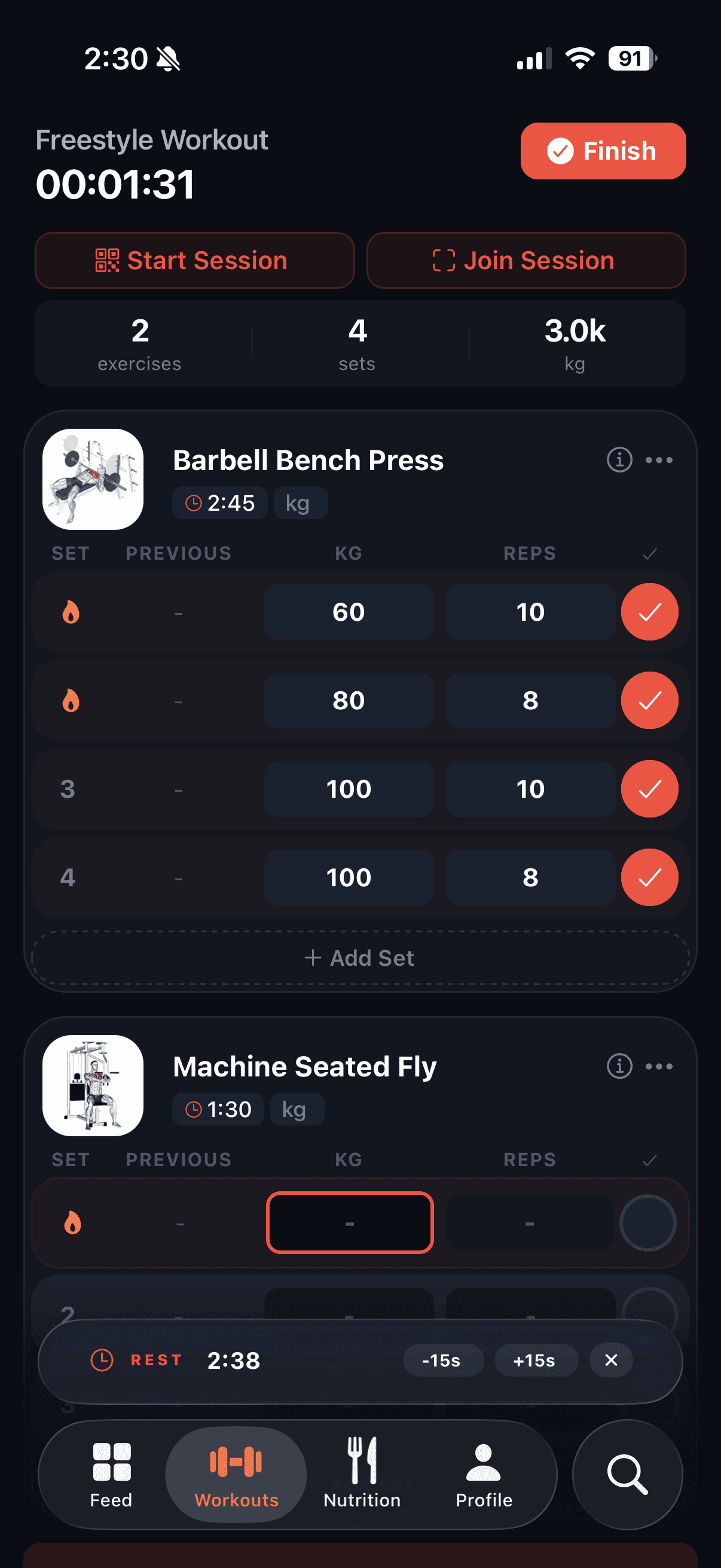 Thryv workout tracking screen